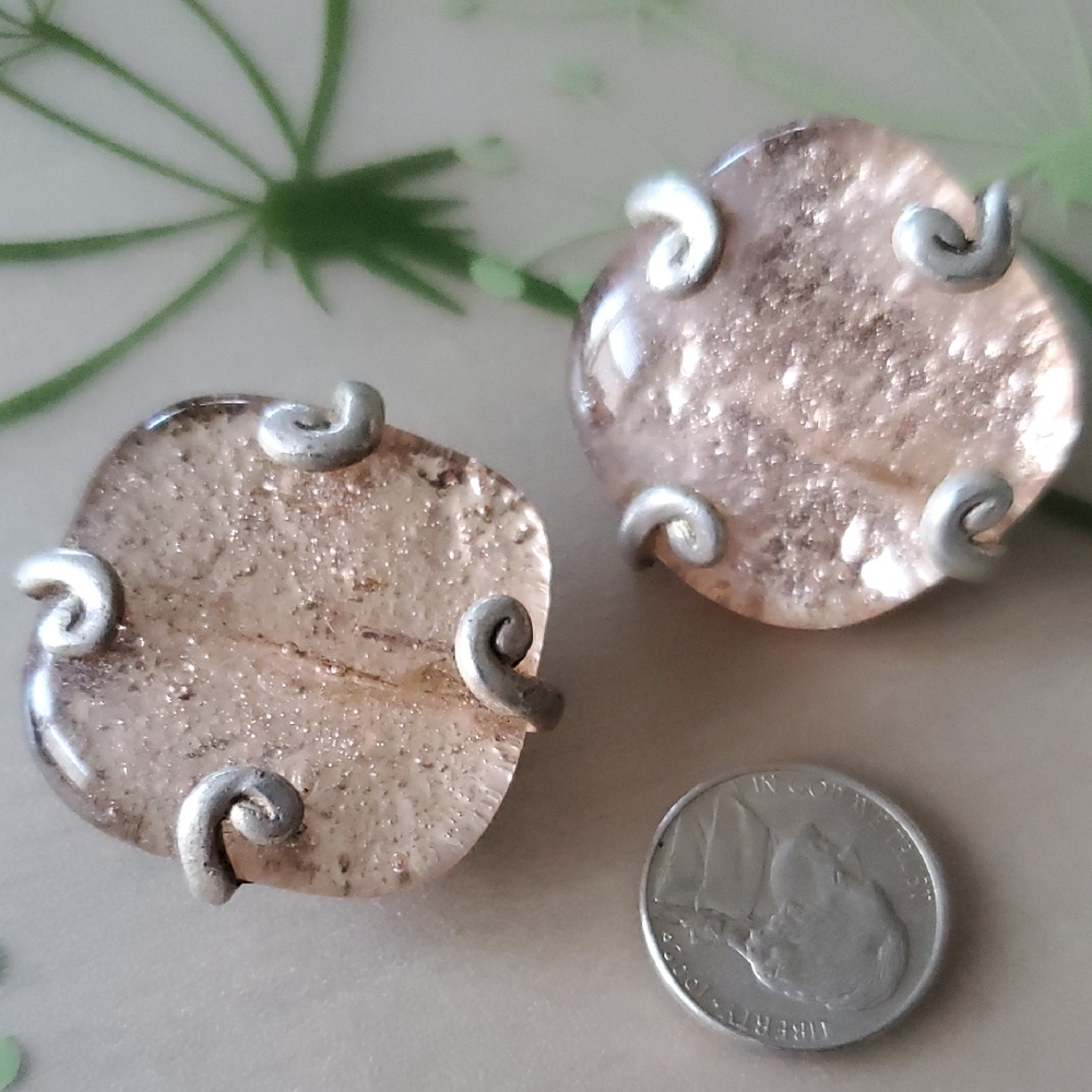 80's Vintage Liz Claiborne Reverse Painted Glass & Matte Silver Color Earrings